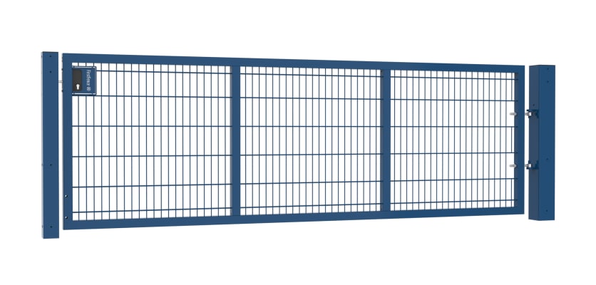 An Apollo Single Leaf 868 Twin Mesh Security Gate - 1.2m High x 3.5m Wide Blue finish with Key and latch Lock