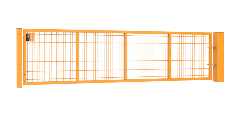 A Yellow 1.2m by 4.0m Apollo Single Leaf 868 Mesh Security Gate with Digital Lock