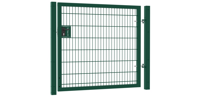A Green 1.5m high x 1.2m wide Apollo 868 twin mesh single leaf security gate with latch and key lock 