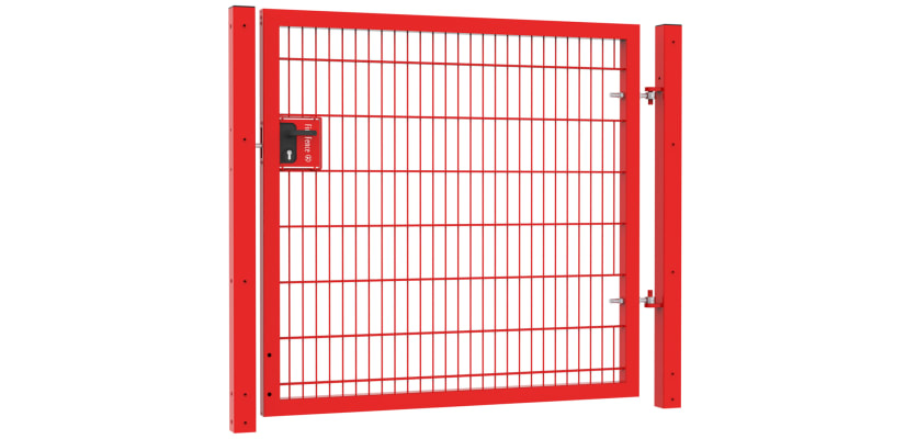 A Red Apollo 868 Twin Mesh Gate with Key and Latch Lock - 1.5m High x 2.0m Wide Single Leaf Gate