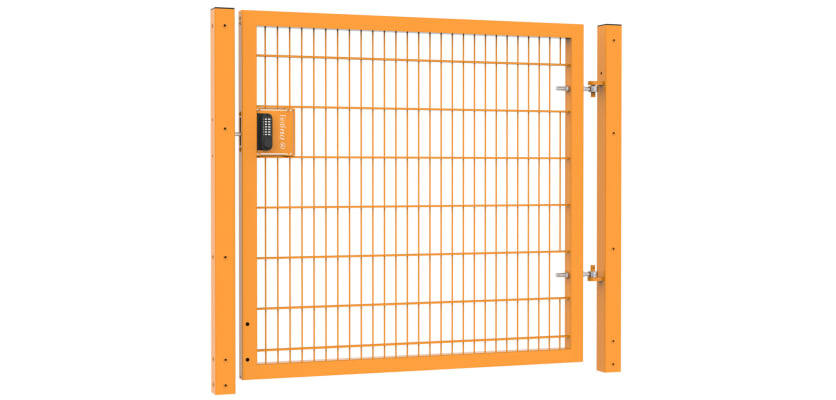 A Yellow 1.5m High x 2.0m Wide Single Leaf 868 twin Mesh Apollo Gate With Digital Lock