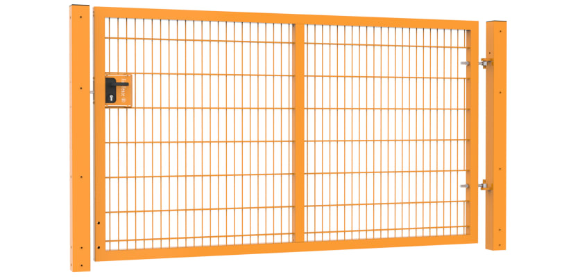 An Apollo 1.5m High x 2.5m Wide Single Leaf 868 Twin Mesh Gate with Latch and Key Lock - Yellow PPC Finish