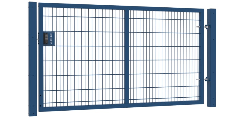 A Blue 1.5m High x 2.5m Wide Apollo 868 Twin Mesh Gate with Digital Lock 