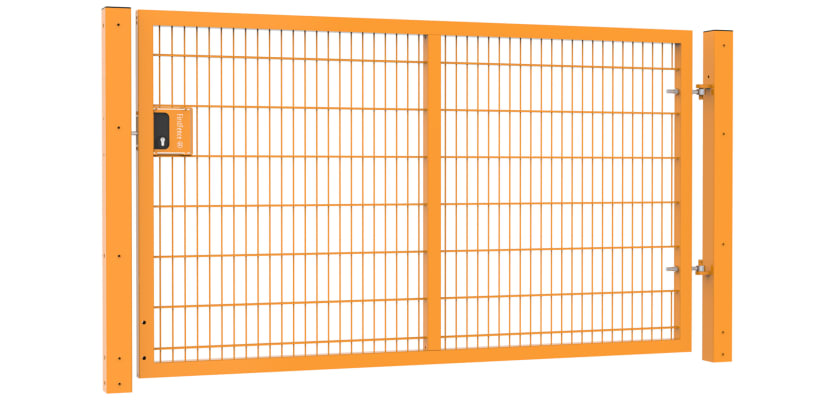 A Yellow Apollo 1.5m High x 2.5m Wide Single Leaf 868 Mesh Security gate with Key Lock