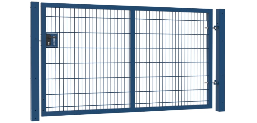 A Blue Apollo 868 Twin Mesh Gate with Latch and Key Lock - 1.5m High x 2.5m Wide Single Leaf 