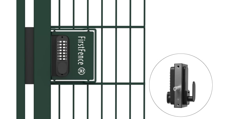 Single Sided Digital Gate Lock & Fixing Kit installed on mesh gate