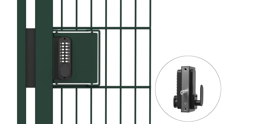 Single Sided Digital Gate Lock & Fixing Kit installed on mesh gate