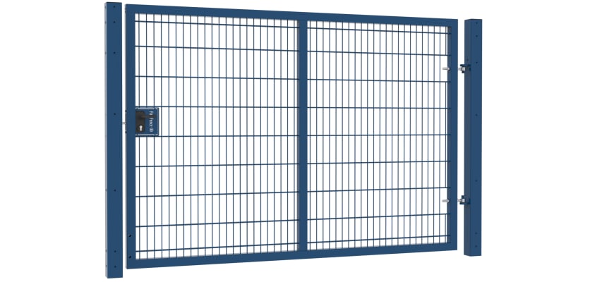 A Blue Apollo 868 Twin Mesh Single Leaf Security Gate with Latch and Key Lock - 1.8m High x 2.5m Wide 