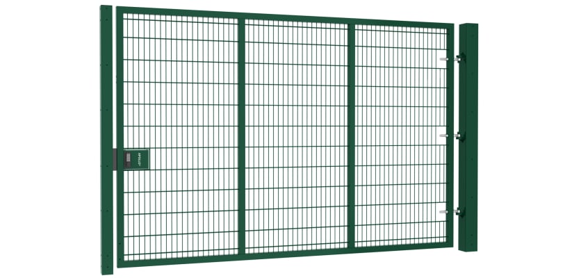 Apollo 1.8m high by 4.0m wide twin mesh single leaf gate kit featuring sturdy metal construction and modern design, suitable for residential or commercial entryways.