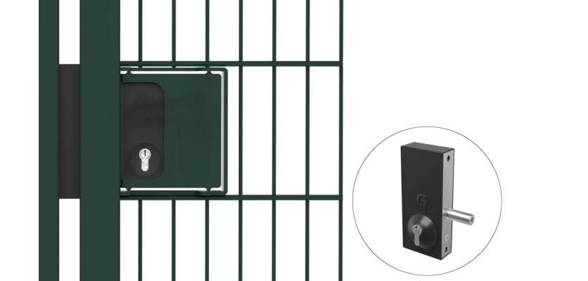 Deadbolt Lock and Fixing Kit installed on mesh gate