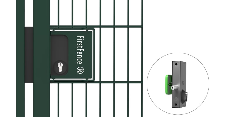Quick Exit Keylatch Gate Lock and Fixing Kit installed on mesh gate
