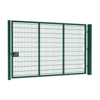 Apollo 2.0m high by 5.0m wide twin mesh single leaf gate kit in a sleek design, showcasing durable materials and various components for installation.