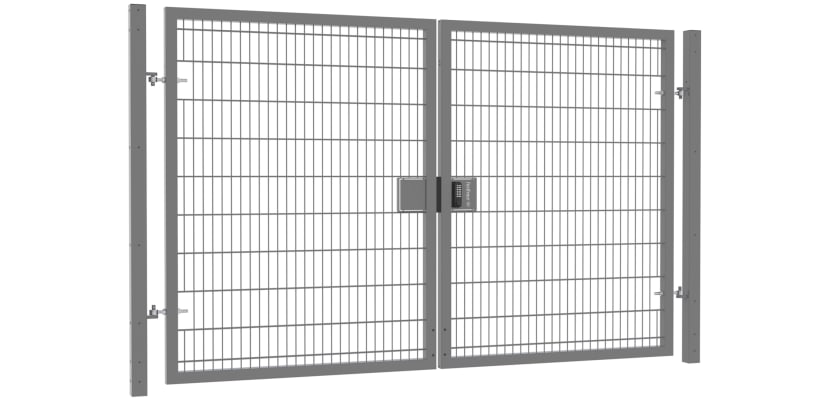 Twin mesh double leaf gate kit with a height of 3.0m and width of 6.0m, featuring a sturdy aluminum frame and secure locking mechanism.