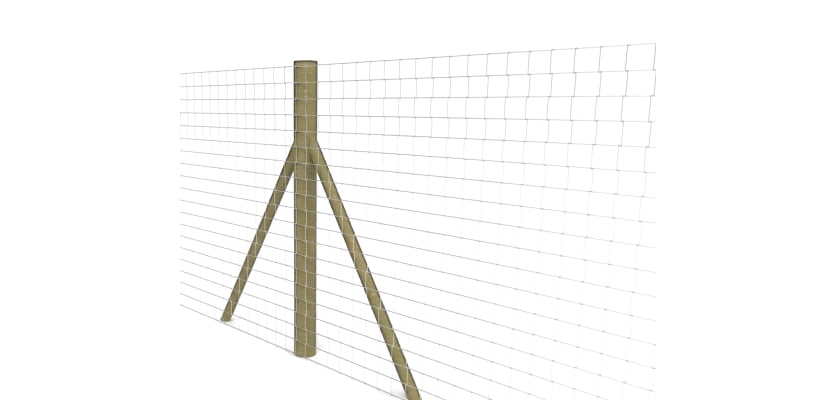 Timber fence post with wire net fencing