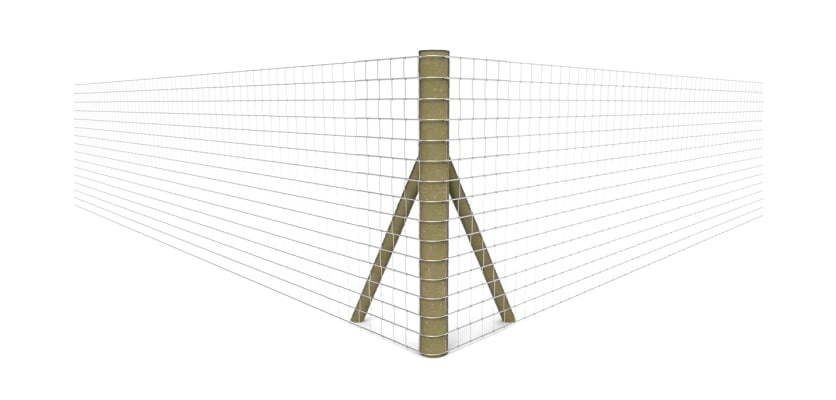 Timber corner fence post with wire net fencing