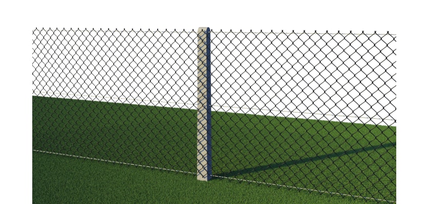 Intermediate concrete post with chain link fencing, installed in a field