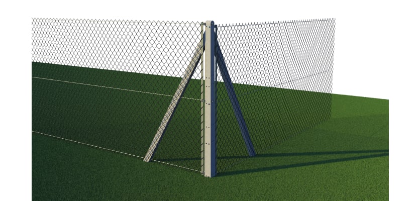Corner post made of concrete, with chain link fencing