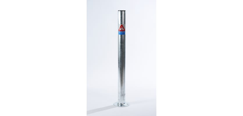 Galvanised fixed bollard featuring a rounded cap, designed for durability and safety in public spaces.