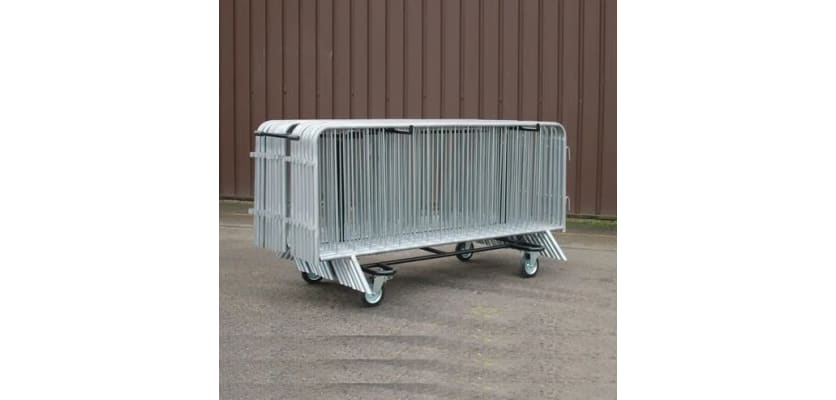 Crowd Control trolley with crowd control barriers stacked omn 