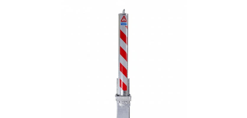 Retractable traffic post with a sleek design, featuring a bright red and white striped pattern for visibility and safety.