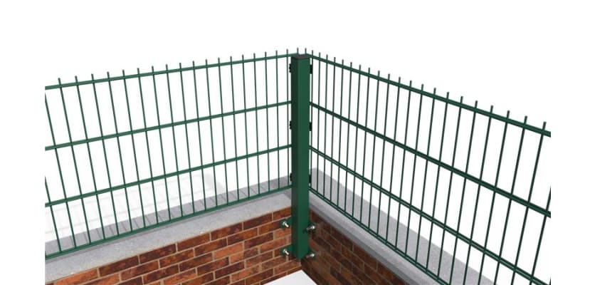 Showing how the 0.6m High Wall Mounted 868 Mesh Fencing Kit Corner Posts attach to a wall