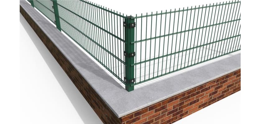 A Corner Section of wall mounted 868 Mesh Fencing showing the Corner Post Kit