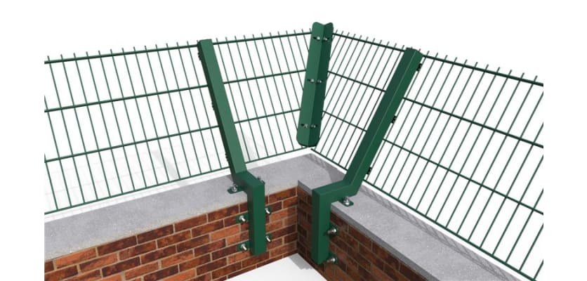 Showing how the Corner Posts for 0.6m High 60 Degree Crank Wall Mounted 868 Mesh Fencing attach to a wall