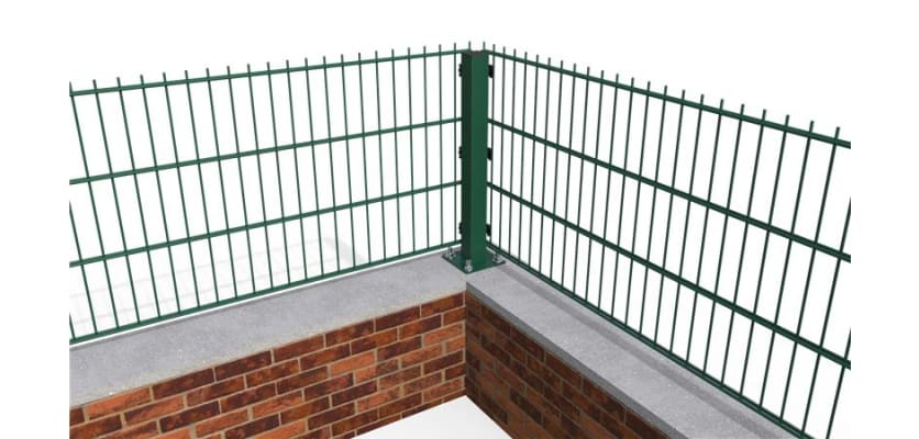 A corner showing the bolt down corner post for the 0.6m High 90 Degree Crank Wall mounted Fencing System