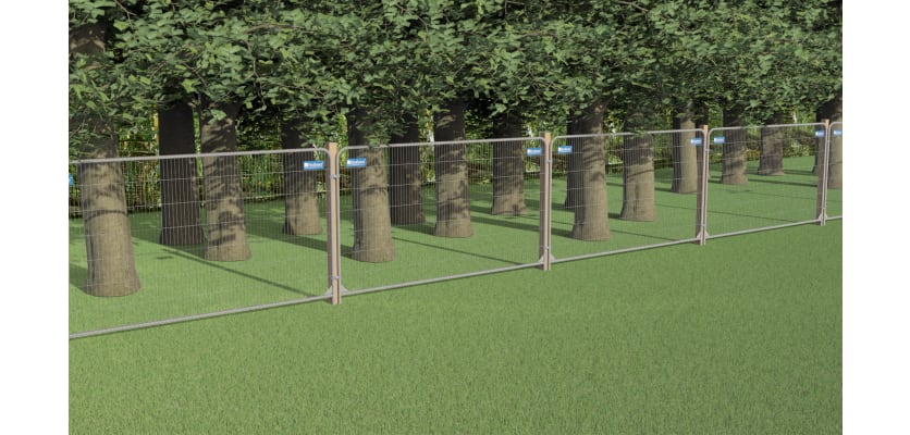 FirstShield® Tree Protection Temporary Panel Frame Kit with Timber Posts installed around trees.