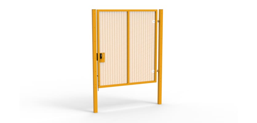A Yellow 2.4m high x 2.0m Wide Single Leaf 358 Apollo Security Gate with Quick Exit Digilock