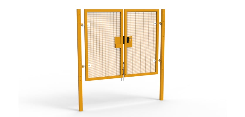 A Yellow 1.8m high x 2.0m Wide Double Leaf 358 Apollo Security Gate with Quick Latch Lock Handles