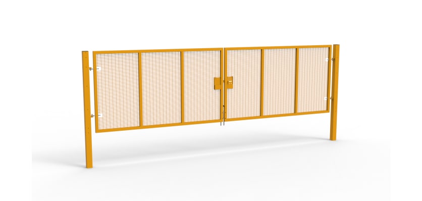 A Yellow 1.8m high x 6.0m Wide Double Leaf 358 Apollo Security Gate with Unislide Latch