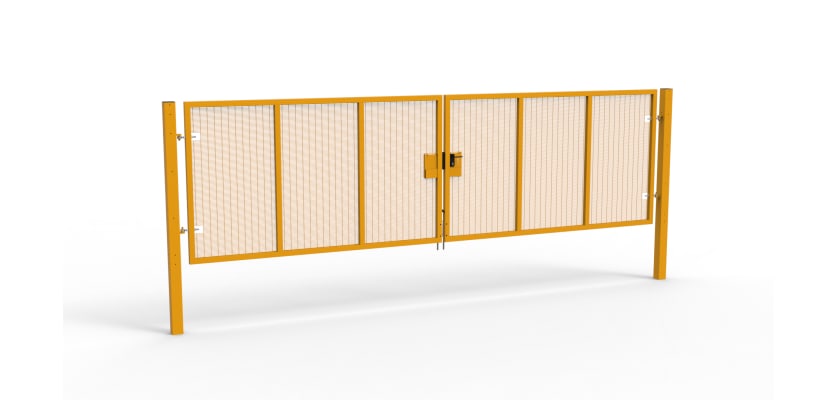 A Yellow 1.8m high x 6.0m Wide Double Leaf 358 Apollo Security Gate with Latch Lock Handles