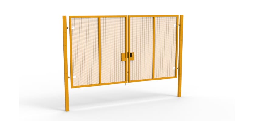A Yellow 2.4m high x 4.0m Wide Double Leaf 358 Apollo Security Gate with Latch Lock Handles