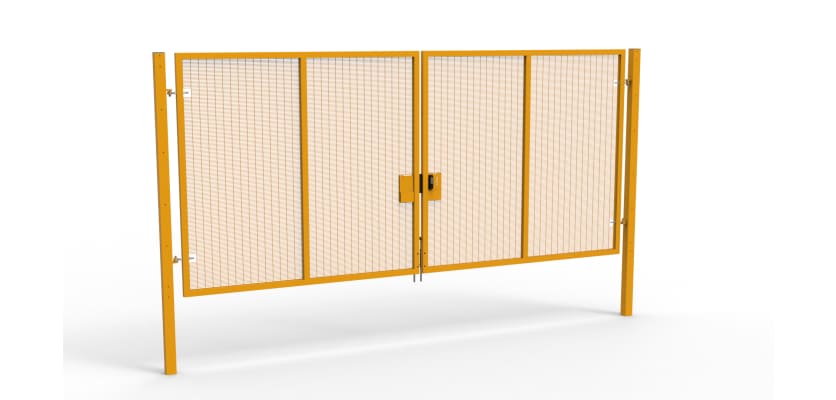 A Yellow 2.4m high x 5.0m Wide Double Leaf 358 Apollo Security Gate with Quick Exit Digilock