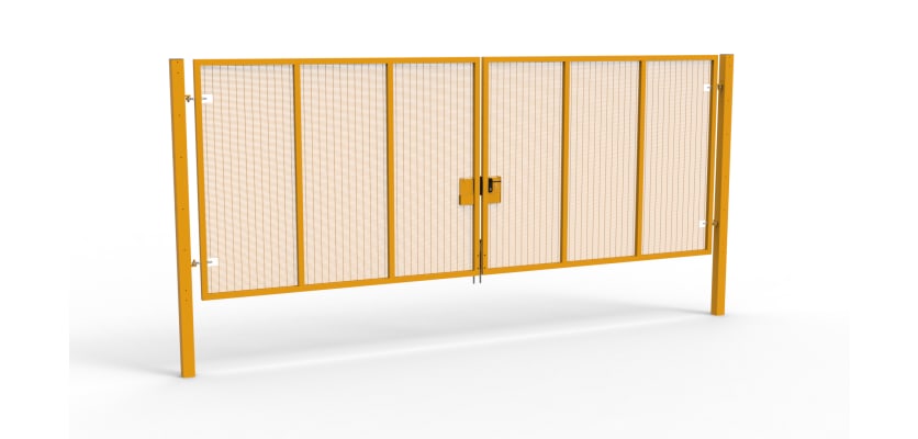 A Yellow 2.4m high x 6.0m Wide Double Leaf 358 Apollo Security Gate with Latch Lock Handles