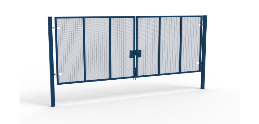 A Blue 2.4m high x 6.0m Wide Double Leaf 358 Apollo Security Gate with Quick Exit Digilock