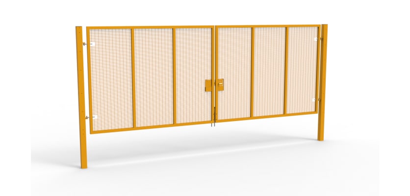 A Yellow 2.4m high x 6.0m Wide Double Leaf 358 Apollo Security Gate with Unislide Latch