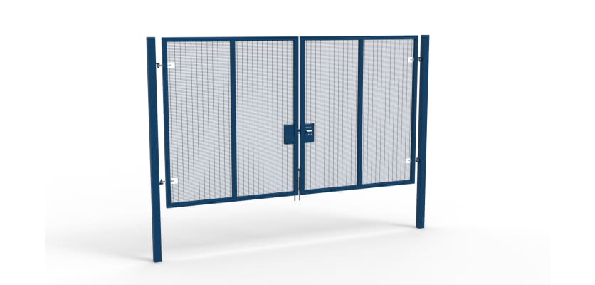 A Blue 3.0m high x 4.0m Wide Double Leaf 358 Apollo Security Gate with Quick Exit Digilock