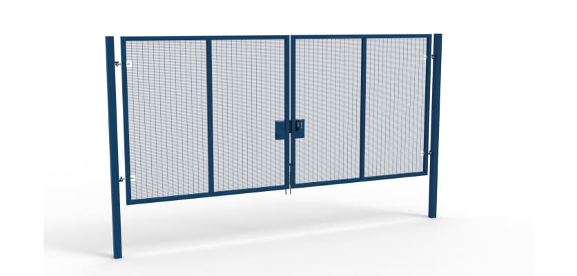 A Blue 3.0m high x 5.0m Wide Double Leaf 358 Apollo Security Gate with Quick Exit Digilock