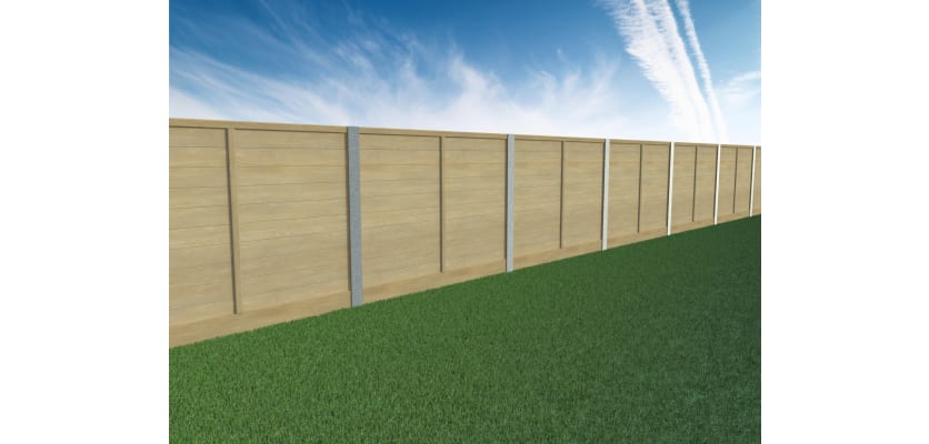 A line of EchoGroove Lite fence panels with steel DuraPosts