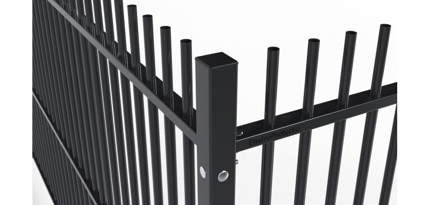 A close up of a corner of the 3.0m High EnviroProtect SR1 (A1) LPS 1175 Vertical Bar Security Railing System