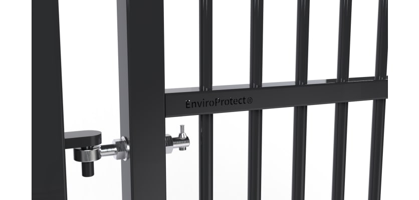 A close up showing the hinges on the 2.0m High x 1.2m Wide Single Leaf EnviroProtect SR1 (A1) LPS 1175 Security Railing Gate 