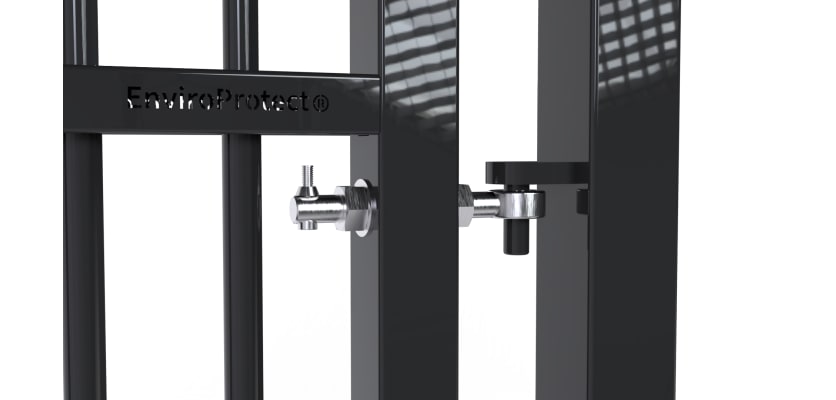 A close up showing the hinges on the 1.8m High x 2.0m Wide Double Leaf EnviroProtect SR1 (A1) LPS 1175 Security Railing Gate 