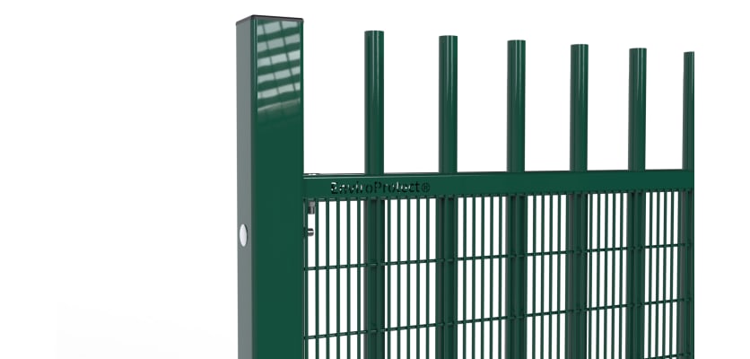 A close up of the Green 1.8m High EnviroProtect Anti-Climb SR1 (A1) Security Railings showing the Brand Name