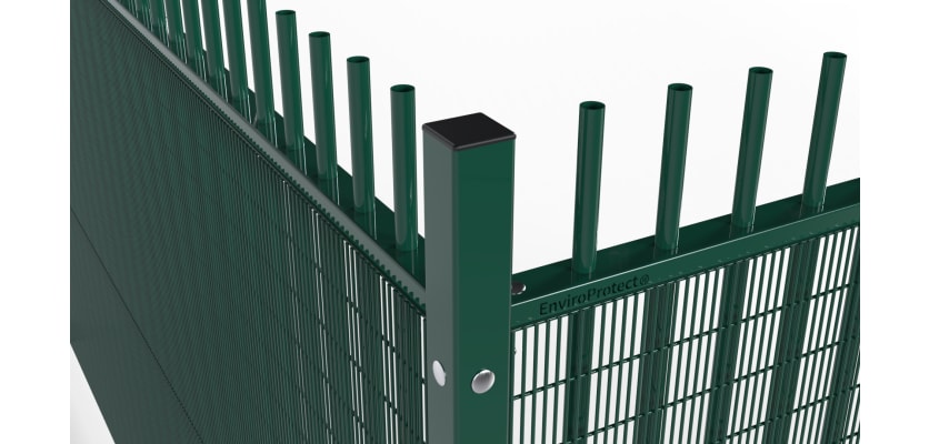 A close up of a corner of the 2.4m High EnviroProtect Anti-Climb SR1 (A1) LPS 1175 Vertical Bar Security Railing System