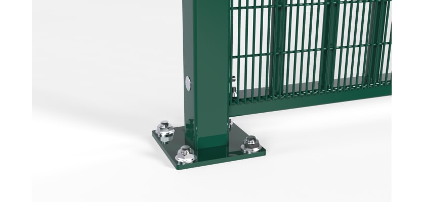A close up of the bolt down post base plate on the 3.0m High EnviroProtect Anti-climb SR1 (A1) LPS 1175 Vertical Bar Security Railing Kit