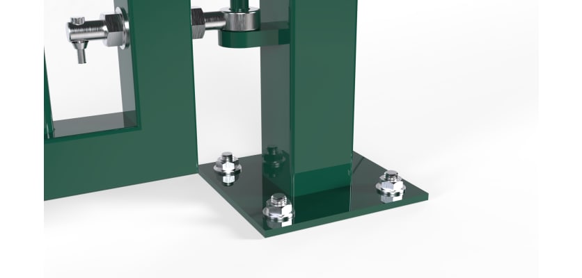 A close up of the bolt down post base plate on the EnviroProtect Anti-Climb SR1 (A1) LPS 1175 Security Railing Gate