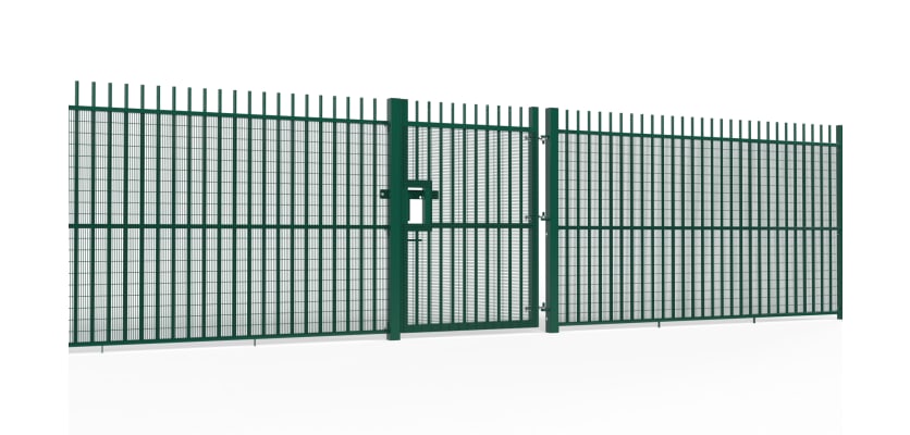 A Green 2.0m High x 1.2m Wide Single Leaf EnviroProtect Anti-Climb SR1 (A1) LPS 1175 Security Gate in a line of railings