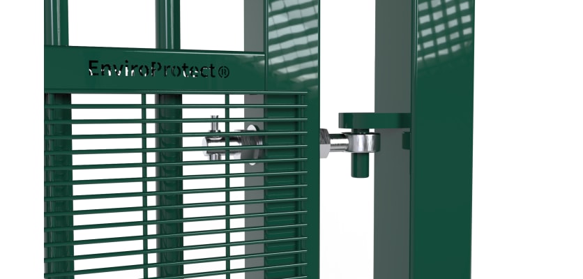 A close up showing the hinges on the 2.4m High x 2.0m Wide EnviroProtect Anti-Climb SR1 (A1) LPS 1175 Security Railing Gate 
